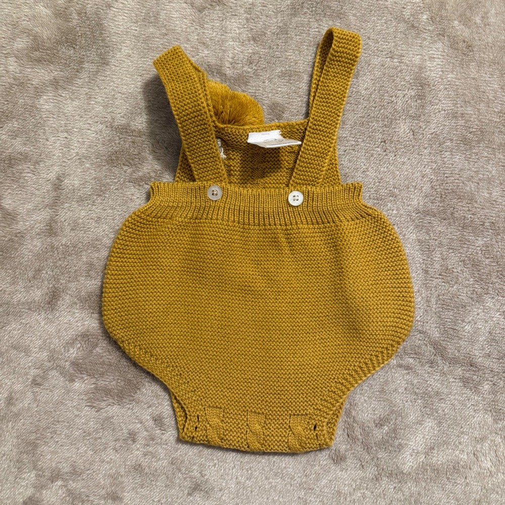 Schaapje Mustard Yellow Cable Knit Pom Pom Romper 3M Baby Mustard Gold